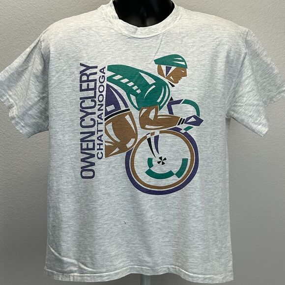 Vintage Owen Cyclery Chattanooga T Shirt Mens Medium Bicycling Cycler 90s Gray - Picture 2 of 10